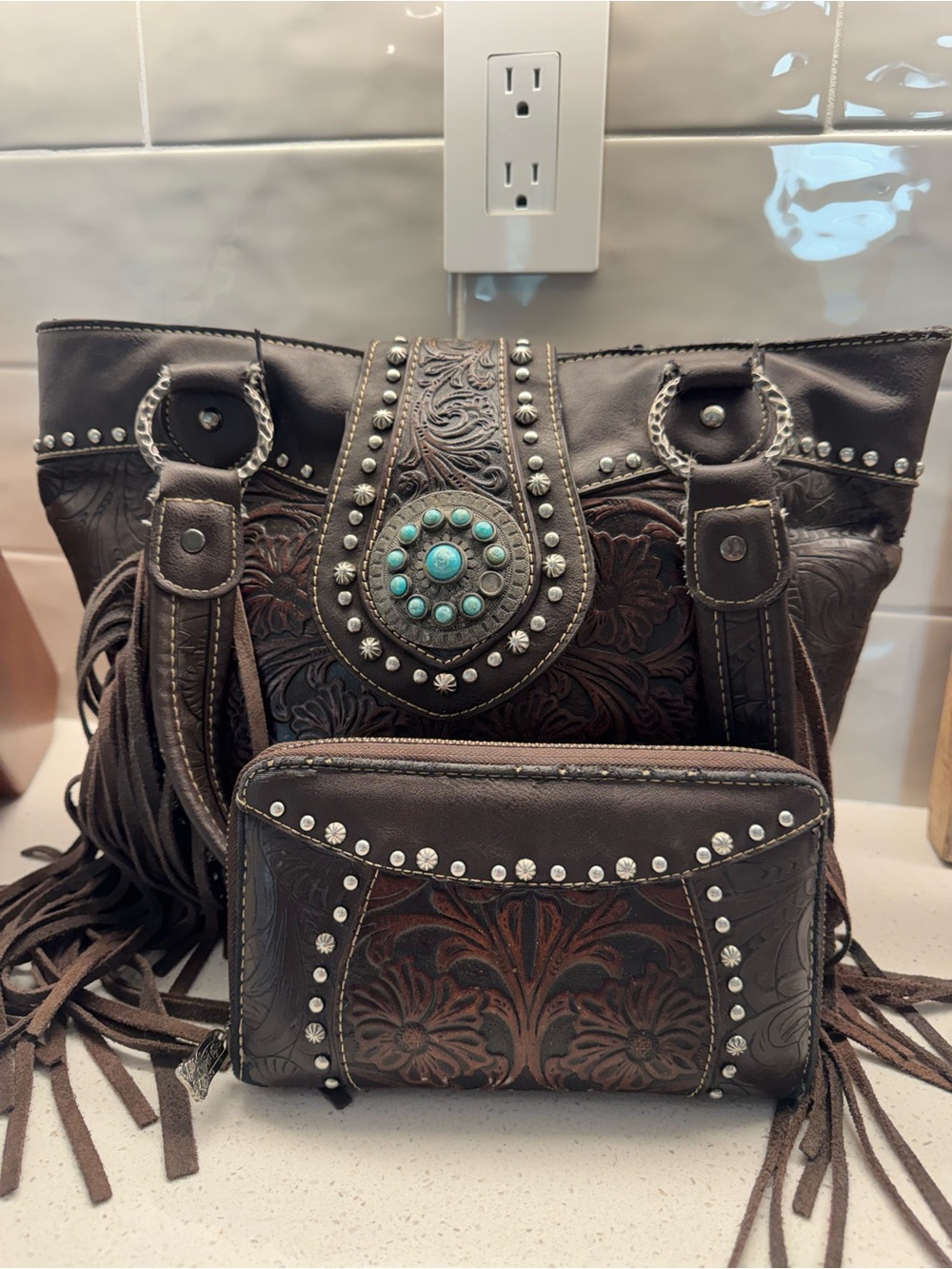 Women's Dark Brown Tooled Leather Tote with Turquoise Concho